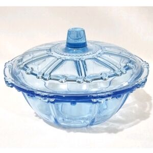 Vintage KIG Beaded Oyster and Pearl Lidded Candy Bowl Light Aqua Blue Glows W UV